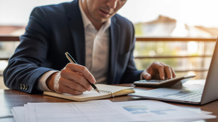 Tax finance budget, Financial accounting. Businessman suit working office desk writing notebook using calculator laptop. Payment, Debt, Penalty, Credit Bill, Businessman, Money Office