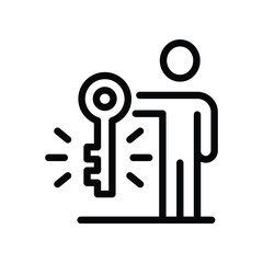Icon of a person standing beside a key with radiating lines symbolizing a solution or access