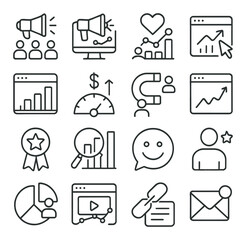 Business and marketing icons set: analytics, growth, engagement, and communication symbols