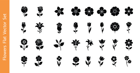 black and white silhouettes of flowers vector icon set