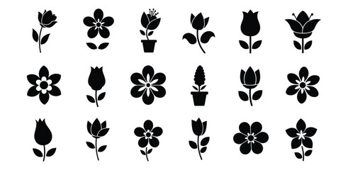 Collection of black flower icons on white background in vector format