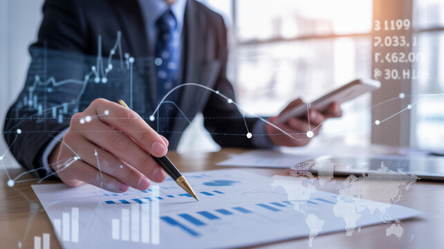 Tax finance budget, Financial accounting. Businessman analyzing financial report, holding pen and smartphone, reviewing. Payment, Debt, Penalty, Credit Bill, Businessman, Money Office