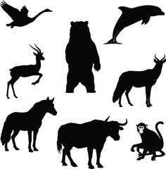 Black animal silhouettes vector collection: horse, dog, cow, cat, elephant, sheep, goat, deer, bull, and pig illustrations for farm and wild nature sets
