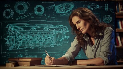 Female automotive designer sketching a car engine concept with digital icons of pistons and gears around her