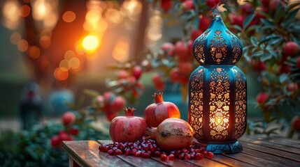 Ornate lantern, pomegranates, and berries on wooden table, soft golden light, garden setting