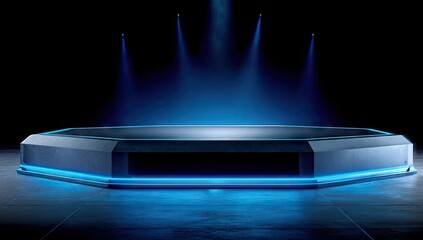 Geometric platform illuminated by spotlights.