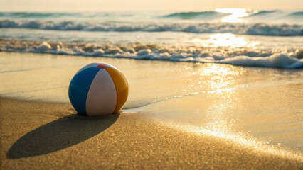 Vacation scene summer backdrop advertising.Beach ball sand ocean summer vacation sunlight wave outdoor relaxation travel.Sunny tropical beach background, sale promotion bright and colorful