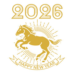 Leaping Horse with Happy New Year Text – Year of the Horse 2026 Design Element