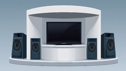 Obraz premium Modern home entertainment display with television and speakers.