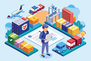 Customs inspector reviewing cargo clearance documents at a busy import facility with trucks, containers, and an airplane