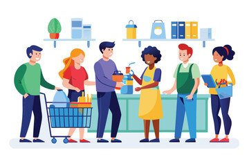 Obraz premium Customers lining up at supermarket checkout during busy shopping hours for groceries and household items
