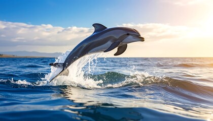Obraz premium A dolphin leaps gracefully out of the water at sunset
