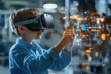 Smart young boy wearing vr headset is exploring immersive metaverse experience and interacting with futuristic technology