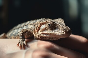 A Reptile Calmly Resting on a Person's Hand - Close-up of Exotic Pet and Human Interaction.