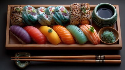 Sushi platter showcasing an array of colorful rolls and nigiri served in a wooden tray at a Japanese restaurant