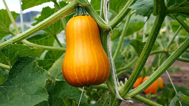 A ripe butternut squash hanging from a vine in a lush garden, surrounded by green leaves and sunlight