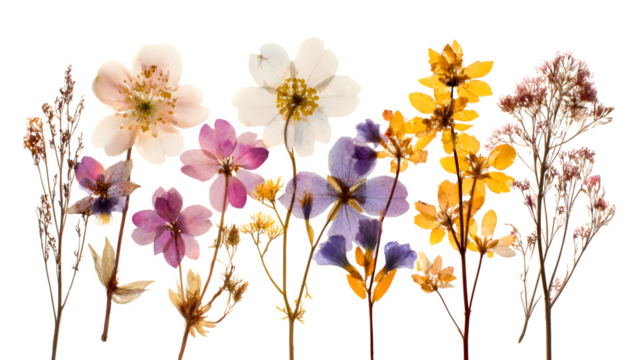 Pressed natural flower laminate panel, transparent resin, delicate botanical inclusions, isolated on Transparent background