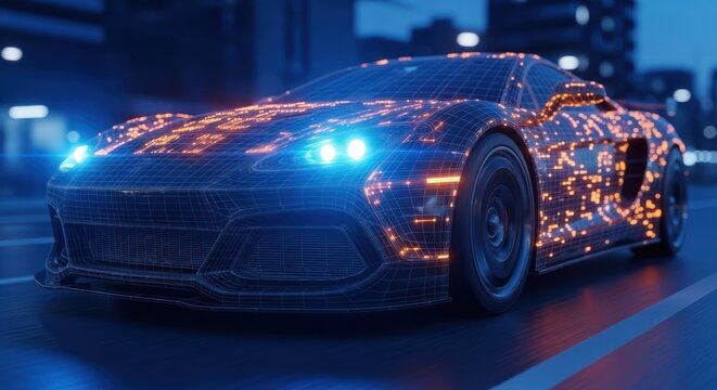 Futuristic, wireframe car, illuminated by glowing data points, on city street at night