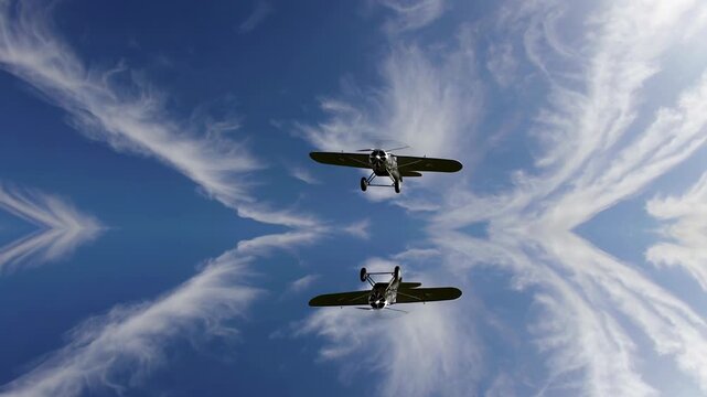 Vintage biplanes performing synchronized aerobatic maneuvers, flying inverted and changing positions against azure sky with soft white clouds during summer airshow