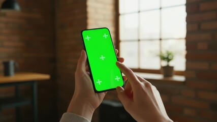 Woman interacts with a smartphone with green screen in a cozy interior setting for advertising
