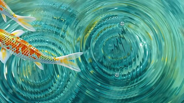 Koi fish create mesmerizing patterns and reflections in serene blue water, as vibrant orange scales shimmer under sunlight, evoking tranquility through gentle ripples and graceful movement