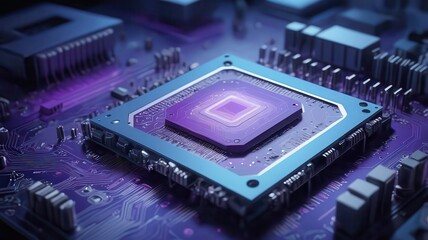 A detailed close up of a computer chip with purple hues and intricate circuit board connections visible