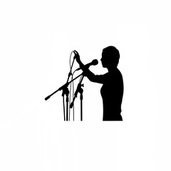 Silhouette of person adjusting mic before speech on white background