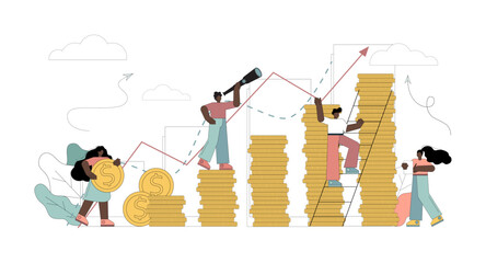 Economic, financial growth, investment, profit growth. Little people grow money, coins, do business. Vector illustration on white background