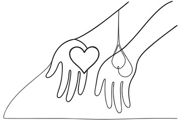 Continuous one line drawing illustrating a hand donating blood with a heart symbol