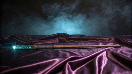 Halloween mockup scene with spooky decorations. A mystical wand resting on a shimmering fabric amidst a smoky background.