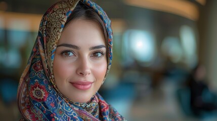 Smiling woman with patterned hijab indoors, gazing. Soft, blurred background. Portrait