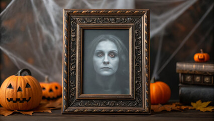 Halloween mockup scene with spooky decorations. Spooky portrait in ornate frame surrounded by Halloween decorations and pumpkins.