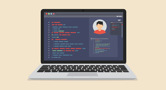 A laptop displaying lines of code and a profile picture, representing a software developer's workspace.