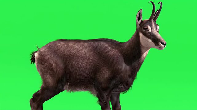 Chamois Animal Isolated on Green Screen Background, 3D Digital Render of Mountain Goat Antelope