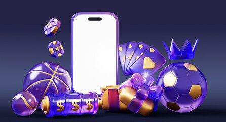 Online sports betting 3d banner. Mobile phone mockup with open gift box, basketball, soccer ball, crown, glass hologram slot machine, neon casino chips and cards on purple background. 3D illustration
