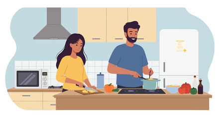 Fototapeta premium A happy couple preparing a meal together in a modern kitchen, chopping vegetables and cooking.