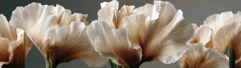 Iris cascade in minimal movement concept. Elegant beige flowers with soft petals in natural light.