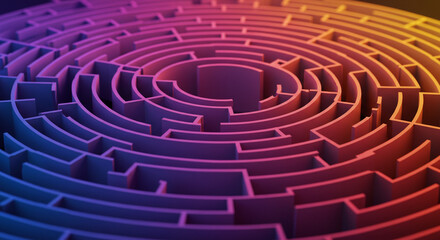 A complex circular labyrinth glows with a vibrant pink and orange light, representing a challenging journey.