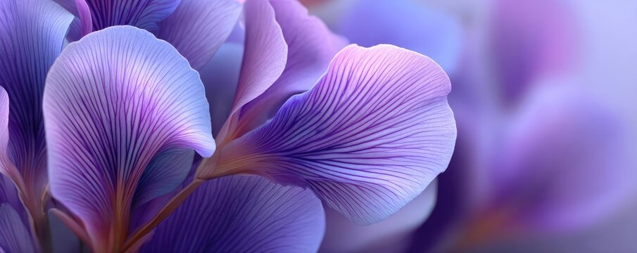 Iris cascade in minimal movement concept. Beautiful close-up of delicate purple flower petals in soft focus.