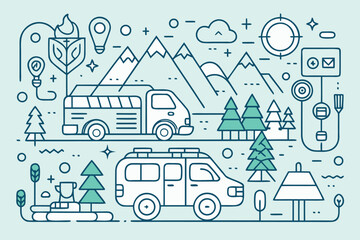 Obraz premium Collection of line icons featuring outdoor activities, nature landscapes, and travel themes for creative projects and designs