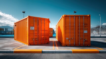 Bright orange shipping containers in a modern storage facility during a sunny day
