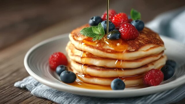 Stack of pancakes with fruits and honey on plates, orange juice on side, homemade morning dessert on family kitchen table sweet breakfast recipe, homemade nutrition, pancakes