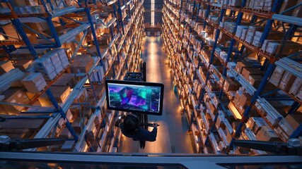 Logistics worker uses a screen showing information while operating a forklift in a large warehouse, moving between shelves full of cardboard boxes - Powered by Adobe