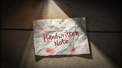 Halloween mockup scene with spooky decorations. Crumpled handwritten note with visible stains, resting on a surface, illuminated by soft light.