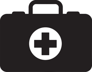 Obraz premium Black first aid kit icon with a white cross, symbolizing medical emergency, healthcare, assistance, safety, and health equipment on a white background