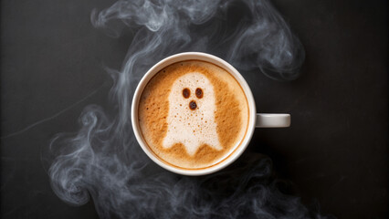 Halloween mockup scene with spooky decorations. A whimsical coffee cup design featuring a ghost formed from froth and surrounded by steam.