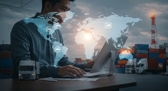 Asian man working on laptop w/ world map overlay. Shipping containers & trucks visible in background, implying global logistics