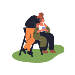Love couple sitting outdoors together. Young man and woman enjoying summer holiday leisure in park, relaxation in chairs. Romantic relationships. Flat vector illustration isolated on white background