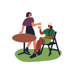 Young women friends sitting in chairs at table outdoors. Girls with drinks, chatting, relaxing in park cafe. Summer holiday leisure time. Flat vector illustration isolated on white background