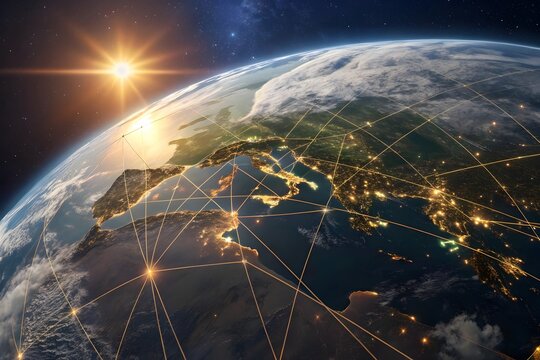 Sunrise over earth s illuminated continents showing global connectivity and energy grids